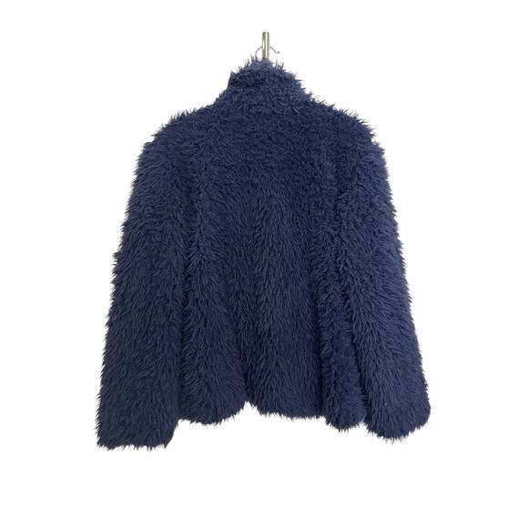 Forever 21 Jacket Womens Large Faux Fur Open Front Navy Blue Collared Plush - Picture 2 of 5